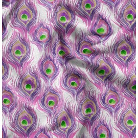 Soimoi Pink Poly Crepe Fabric Peacock Feather Print Fabric BTY 52 Inch Wide
