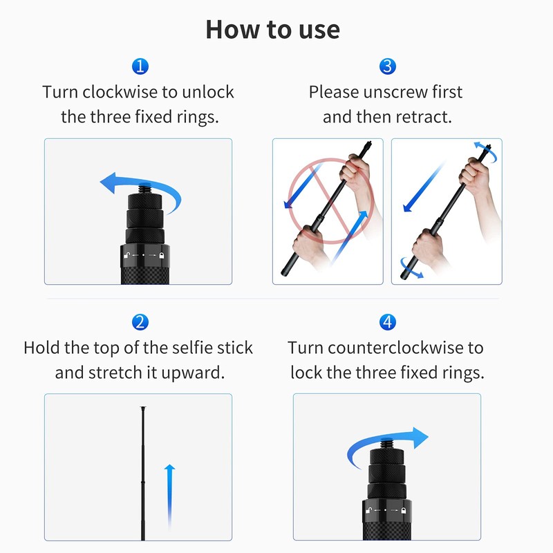 TELESIN 47'' Selfie Stick Lightweight Carbon Fiber Pole for Go