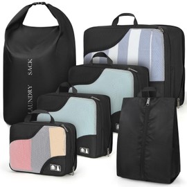 6 PCS Cubos de Compresión, Organizadores de Viaje Expandibles para Equipaje de Mano, Accesorios Organizadores de Malla Impermeable de 4 Tamaños con Bolsa para Zapatos y Bolsa para Ropa Sucia (Negro)