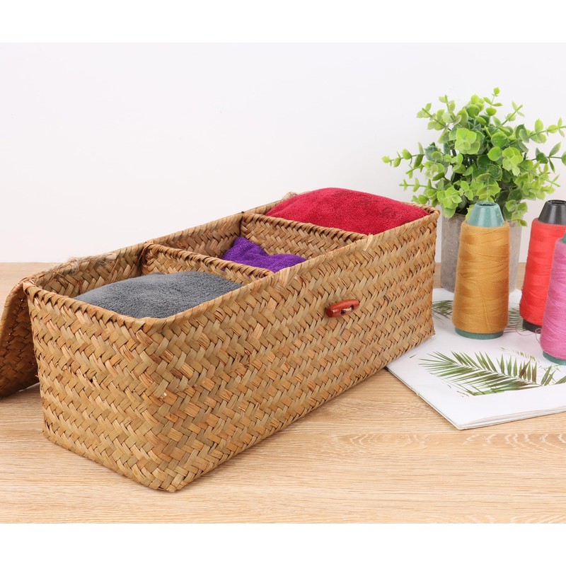 Moosky Wicker Shelf Baskets with Lid,Rectangular Seagrass Woven Storage Baskets
