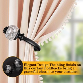 2 Pack Curtain Holdbacks, USFOOK Black Decorative Window Drapery Tiebacks (2 Pack/1 Pair), Curtain Tie Back Hooks for Wall with Translucent Finials (3.95" L x 3.4" W)