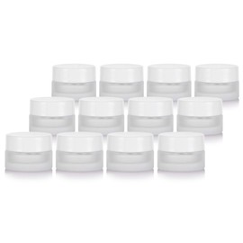 Frosted Clear Glass 5 ml 1/6 oz Small Thick Wall Balm Salve Pot Container Jars with White Smooth Foam Lined Lids (12 Pack)