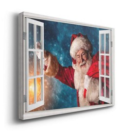 Renditions Gallery Santa is Here Wall Art, Window Frame Style Wall Art, Santa at you Window on Christmas Eve, Colorful Gallery Wrapped Canvas Decor, Ready to Hang, 18 in H x 27 in W, Made in America