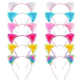 KIUSOWAYD 12 Sequin Cat Ear Headbands, Shiny Headwear Hair Band Party Decoration Cosplay for Girls Women
