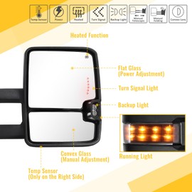 Towing Mirrors for 2014-2018 Chevy Silverado GMC Sierra 1500 2500 HD 3500 HD with Power Glass LED Arrow Turn Signal Light Backup Lamp Running Light Heated Extendable Pair Set (Black Painted)