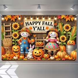 HOMETITUTE Fall Thanksgiving Party Decorations Banner Autumn Maple Leaves Pumpkins Backdrop 71x43 Inchs Happy Fall Yall Background Banner Outdoor Thanksgiving Autumn Yard Decor