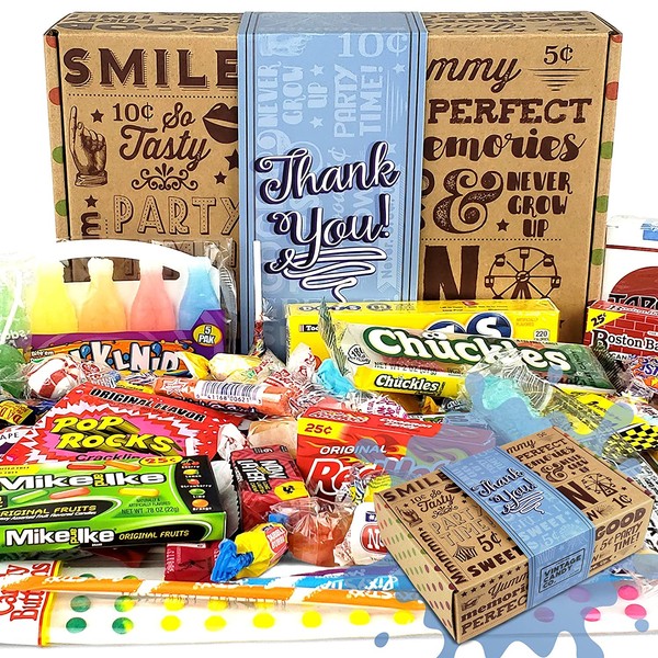Vintage Candy Co. THANK YOU GIFT BASKET CANDY BOX For Men Or Women | SAY THANKS With A Unique Assortment of Nostalgic Decade Candy PERFECT Gratitude Gift for Women Men Girls Boys Coworkers Teens Etc.