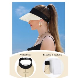 Womens Sun Hat Straw Visor UV Protection Wide Brim Packable Travel Summer Cap for Beach UPF 50+(White)