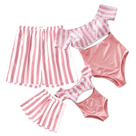 IFFEI Family Matching Swimsuits One Piece Strapless Striped Bathing Suits One Shoulder Hollow Out Mommy and Me Swimwear Pink Women: XL