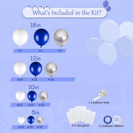 133pcs Blue White Silver Balloons Arch Kit, 18/12/10/5 Inch Royal Blue Metallic Silver Balloons for 2025 Graduation, Birthday, Wedding, Father’s Day Party Decorations