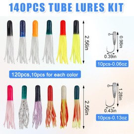 Tube Lure Crappie Lure Jigs Heads Kit, 140pcs Soft Plastic Baits for Bass Fishing Tube Lures Baits(12 Colors) & 20 Tube Jig Heads for Panfish & Trout Fishing