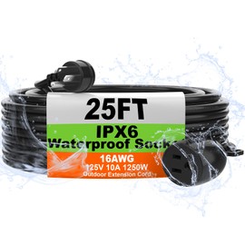 USEDOM IPX6 25 FT Outdoor Extension Cord Waterproof, 16/3 Gauge Black Heavy Duty Extension Cord, 10A 1250W SJTW, Waterproof Socket, 3 Prong Flat Plug Extension Cord with Weather Resistance