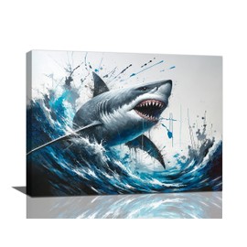 Shark Wall Art Ocean Pictures Sea Room Decor Navy Nautical Canvas Prints Modern Home Artwork Decorations Framed for Bedroom Bathroom Living Room Office 16 x 12 inch