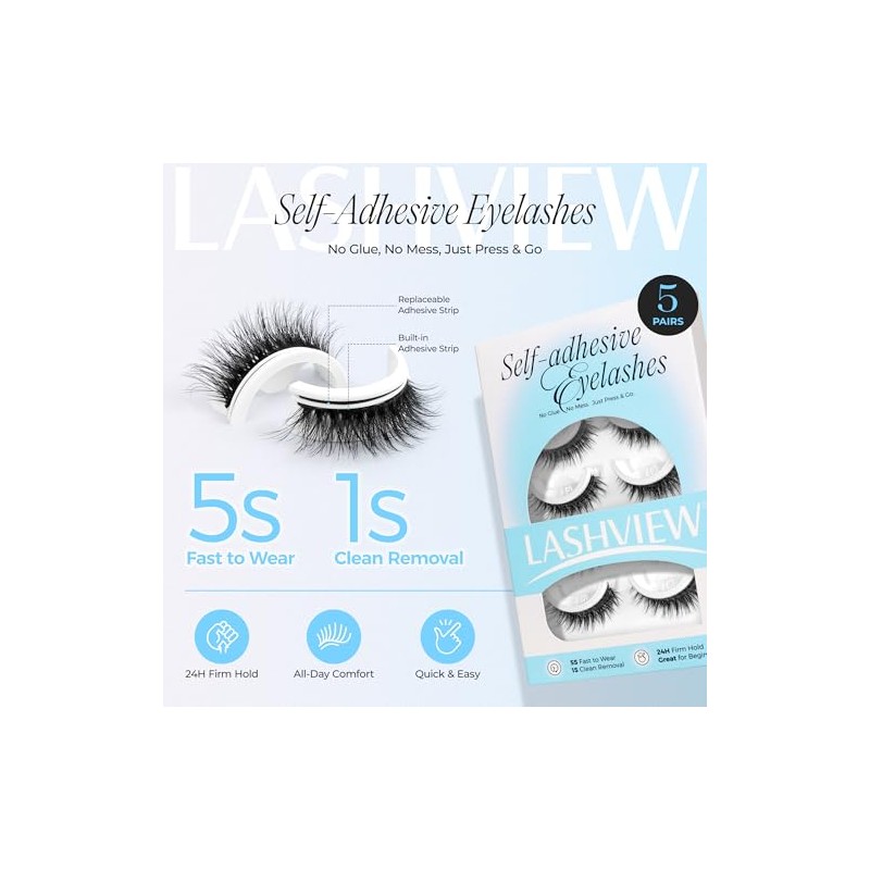 LASHVIEW Pestañas autoadhesivas de aspecto natural, 5 pares de pestañas