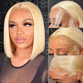 XFJT 613 Bob Wig Human Hair 8 Inch 13x4 Hd Transparent Lace Front Wigs Human Hair Pre Plucked Glueless 180% Density Short Straight Bob Wigs For Women