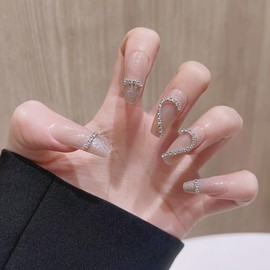 CATKIN 24PCS Long False Nails with Glue Stickers, Press on Nails no Glue for Women Girls Medium Square Decoration Fake Nails