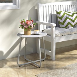 HollyHOME Round Metal Side Table, Rust-Resistant Patio Small Plant Stand, Outdoor 17.32'' Portable End Table for Balconies, Gardens, Living Rooms and Bedrooms, Grey