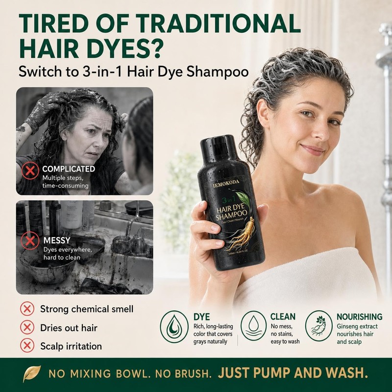 Black Hair Dye Shampoo 3 in 1, Instant Hair Color