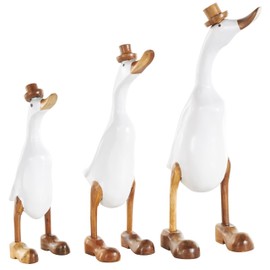 Deco 79 Bamboo Wood Duck Decorative Sculpture Home Decor Statues with Brown Top Hats and Shoes, Set of 3 Accent Figurines, 14", 11"H, White