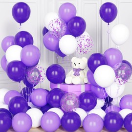Dark Purple White Balloons, 60Pcs 12 Inch Dark Purple Macaron Light Purple White Balloons Set with Purple Confetti Helium Latex Balloons for Birthday Wedding Baby Shower Decorations