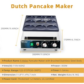 Hehinton® 9-Hole Pancake Maker, Φ76mm Dorayaki Pancake Machine, Temp Control 122-572°F, 0-5 Min Timer, 850W Non-stick Electric Poffertjes Pan for Home Kitchen Restaurant Snack Bar Party