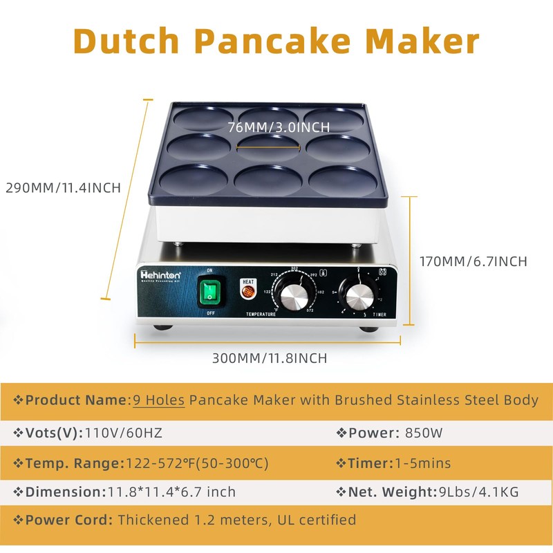 Hehinton® 9-Hole Pancake Maker, Φ76mm Dorayaki Pancake Machine, Temp Control