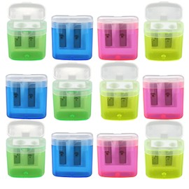 milaosk Pencil Sharpener with Container, 12 Pieces, Double Hole Pencil Sharpener, Colour Sharpener with Tin, Small for Pencil Case for Students, Teachers, Children