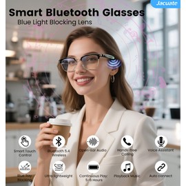 Jacuate Bluetooth Audio Smart Glasses for Men& Women,Anti Blue Light Safety Glasses with Open Ear Speaker,Touch Control, Voice Assistant & Hands-Free Calls, Magnetic Charging,Auto On/Off Open Design