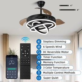 Retractable Ceiling Fan with Lights and Remote/APP Control,Dimmable,Timer Setting,6 Speed,42 Inch Modern Chandelier Ceiling Fan for Bedroom/Living Room/Kitchen/Kis Room/Patio
