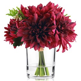 WELL KNOWN Dahlia Artificial Flowers in Vase, Silk Faux Flower Arrangements in Vase with Faux Water for Dining Table Centerpieces, Home Decor (Fuchsia)