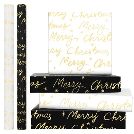 Apol 2 Rolls Christmas Wrapping Paper,Black and White with Glitter Gold Merry Christmas Lettering Gift Wrapping Paper Rolls for Christmas Xmas Holiday Craft Gift Wrap Paper,17 inches x 9.8 ft