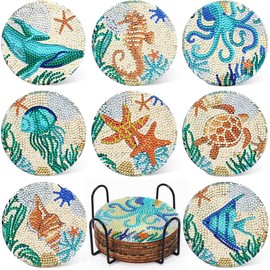 JANLOFO Diamond Art Coaster Cork Diamond Art Kit for Beginners, Diamond Painting, 8 Pieces, Handmade Kit, Easy DIY Diamond Beads, Beginners, Includes Holder, Arts and Crafts