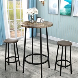 AWQM 3 Piece Bar Table Set, Small Bistro Table and Chairs Set of 2, Round Pub Dining Table Set for Breakfast Nook, Dining Room, Kitchen, Small Spaces - Brown