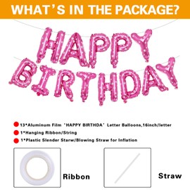 Pink Happy Birthday Balloons Banner,16 Inch Heart Print Mylar Foil Letters Balloons Reusable Balloons for Women, Men, Boys & Girls Birthday Party Decorations Supplies