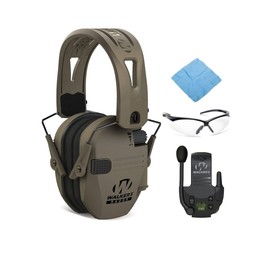 Walker's Razor Tacti-Grip Shooting Hunting Range Slim Hearing Protection Muff with FDE Rubber Headband (Dark Earth) Bundle with Muff Walkie Talkie, Shooting Glasses and Cleaning Cloth (4 Items)