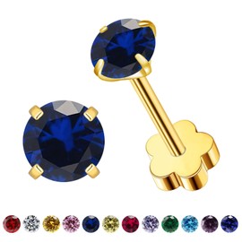 VDKIDKT Flower Screw Back Birthstone Stud Earrings for Women Girls, 3mm G23 Tiny CZ Flat Back Stud Earrings, Screw Back Helix Earrings (Gold, 9.Sep-Sapphire)