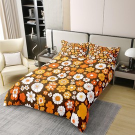 jejeloiu 60S 70S Groovy Duvet Cover 100% Cotton Twin Size Retro Hippie Flower Comforter Cover Set Vintage Boho Plant Floral Bedding Cotton Duvet Cover Set Botanical Blossom Brown Bedspread Cover