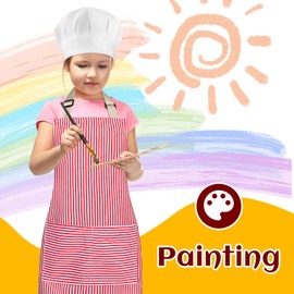 Bunnycool 4 Sets Kids Apron and Chef Hat Set Toddler Adjustable Stripe Cotton Child Aprons with 2 Large Pocket for Children Age 2 to 5 Years Boys Girls Cooking Baking Painting