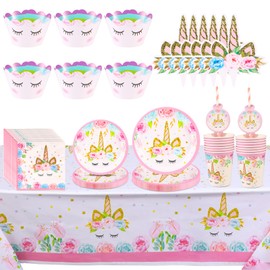 Opopark Unicorn Party Tableware Set, Birthday Party Tableware, Unicorn Plate Set, Unicorn Birthday Decoration, Party Supplies for Girls, Children's Birthday Party, Pack of 113