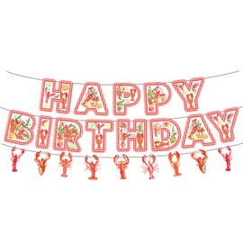 Okayski Crayfish Happy Birthday Banner, Lobster Themed Birthday Party Supplies for Kids Adults Summer Birthday Party Supplies