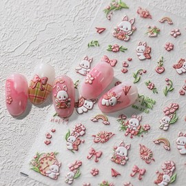 5D Embossed Bunny Nail Art Stickers Spring Summer Nail Decals Self Adhesive Cute Pink Flower Bow Nail Stickers Kawaii Bunny Nail Design Decals for Women Spring Summer Art Supplies