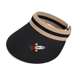 Straw Sun Visors Hats for Kids Embroidered Boys and Girls Wide Brim Roll Up Ponytail Open Top Cap Adjustable Summer Beach UV UPF 50 Travel Outdoor Camping Hiking Packable Foldable,Black Rocket