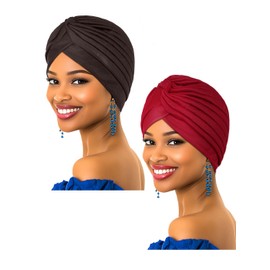 Woeoe Pre-Tied African Turbans Claret Stretchy Twisted Head Wraps Church Party Hair Wrap for Women(Pack of 2)