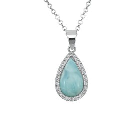 Kiara Jewellery 925 Sterling Silver Natural Larimar Teardrop Pendant Necklace on 18" Sterling Silver Rhodium Plated Chain, Sterling Silver, Larimar