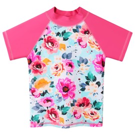 BAOHULU Girls Rash Guard Swimsuit Two Piece Bathing Suit UPF 50+ Short Sleeve Summer Beach Swimwear Size 3-14 Years S516_HotPinkFlower_6A