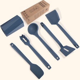 Kitchen Silicone Cooking Utensils Set of 6 with Holder Silicone Slotted Blue Spatula Spaghetti Server Soup Ladle Heat-Resistant Kitchen Utensils Tools Gadgets Set for Non-Stick Pan Baking Flipping