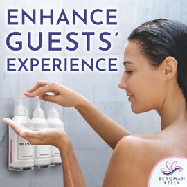 Wall Mount Soap Dispenser - Includes 3 Refillable 12.7 Fluid oz Bottles - with Labels for Shampoo, Conditioner, Body Wash & Lotion - Tamper Proof - Option to Drill or Tape - by Bergman Kelly