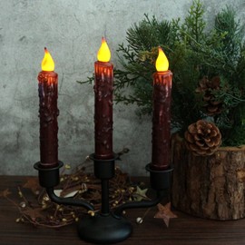 CVHOMEDECO. Real Wax Hand Dipped Battery Operated LED Timer Taper Candles Country Primitive Flameless Lights Décor, 6-3/4 Inch, Burgundy, 3 PCS in a Package