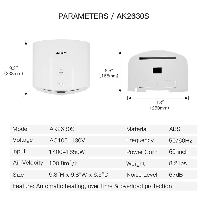 AIKE Air Wiper Compact Hand Dryer 110V 1400W White (with