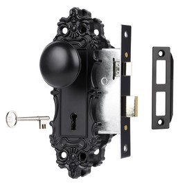 ToPToToo Mortise Lock Set for Interior Door, Matte Black Door Knob with Lock and Skeleton Key, Antique Old Style Door Knob Lock Replacement, Vintage Mortise Door Knobs for Interior Doors